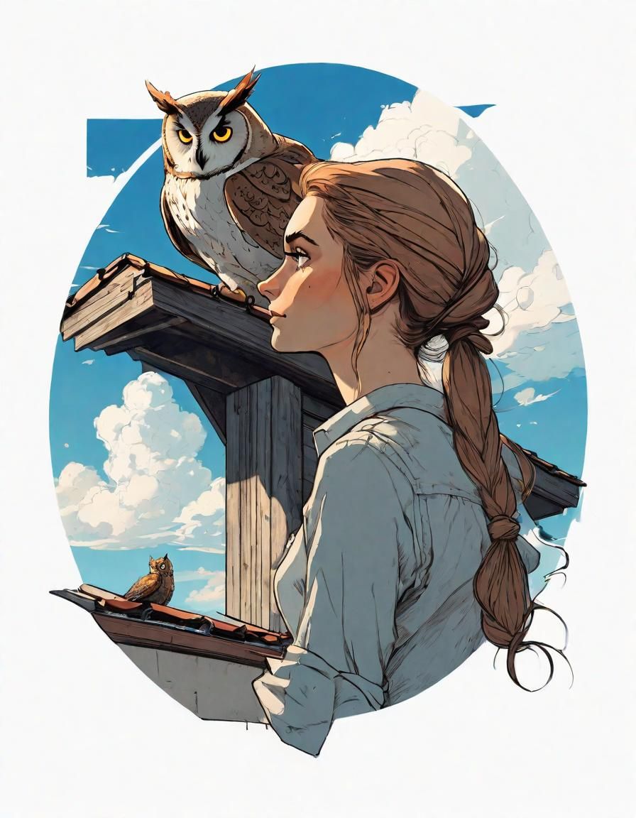 Girl Hugging Owl on Rooftop in Anime Style