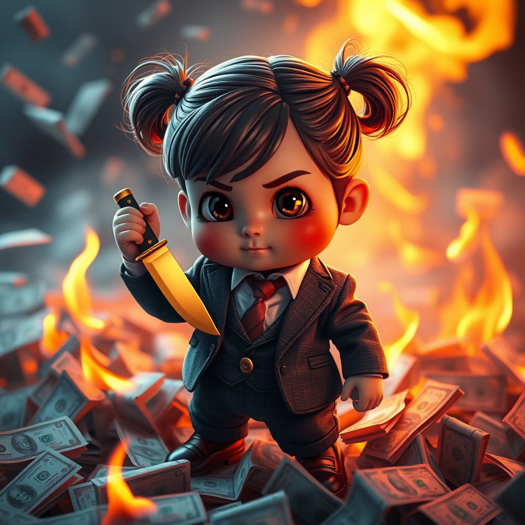 Confident Girl with Knife in Burning Money, Digital Art