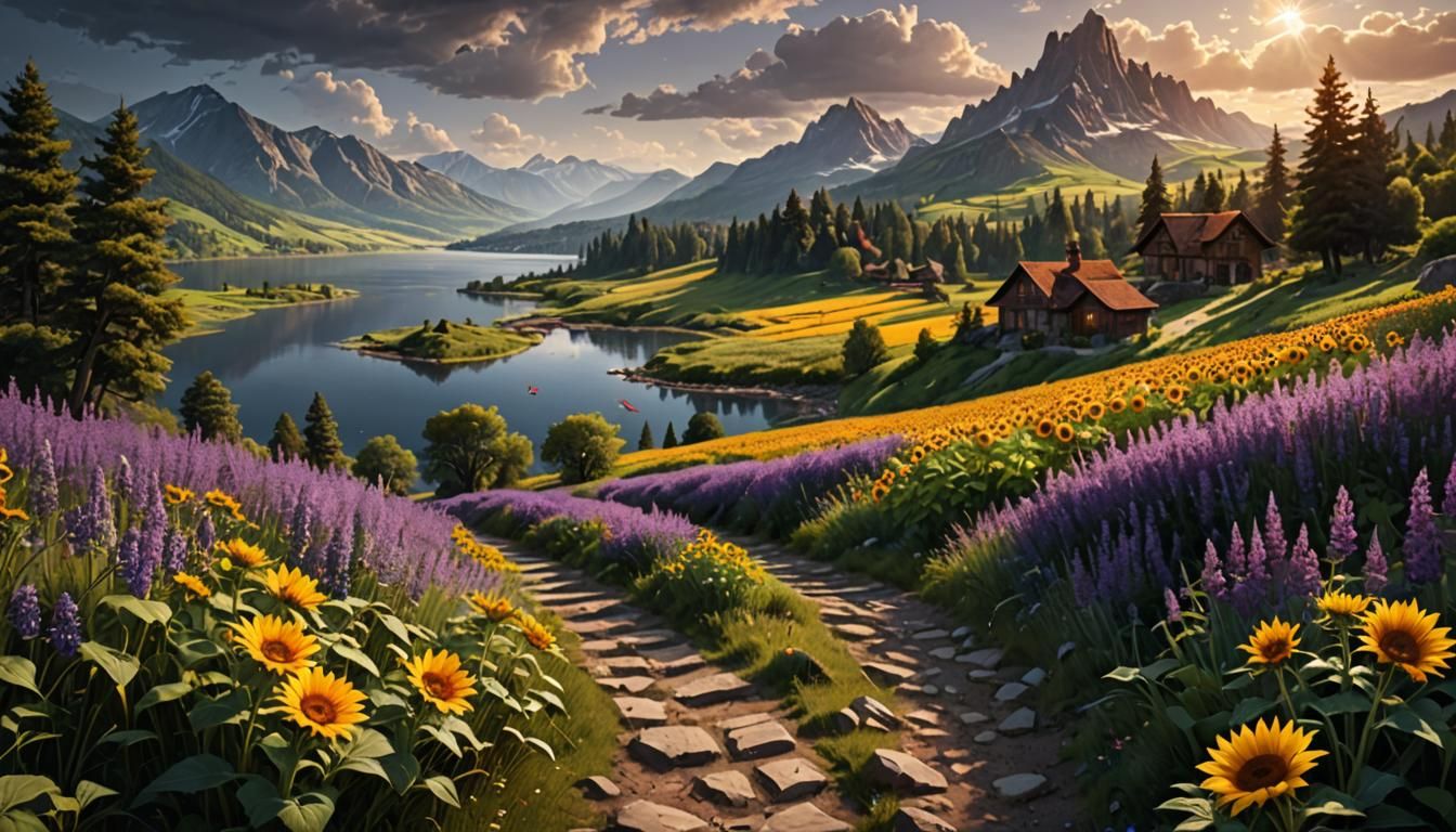 Sunflower Field Landscape in Detailed Fantasy Art