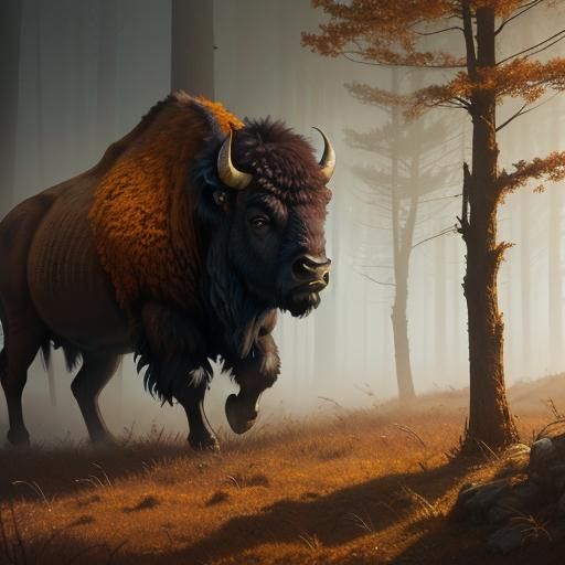 Majestic Bison in Misty Autumn Forest