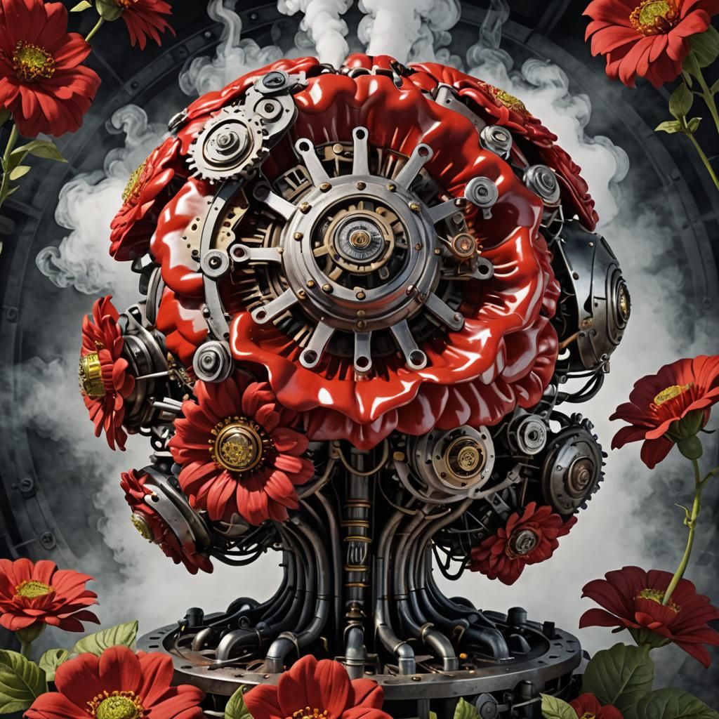 Steam-Powered Brain in a Red Flower: Photorealistic Art