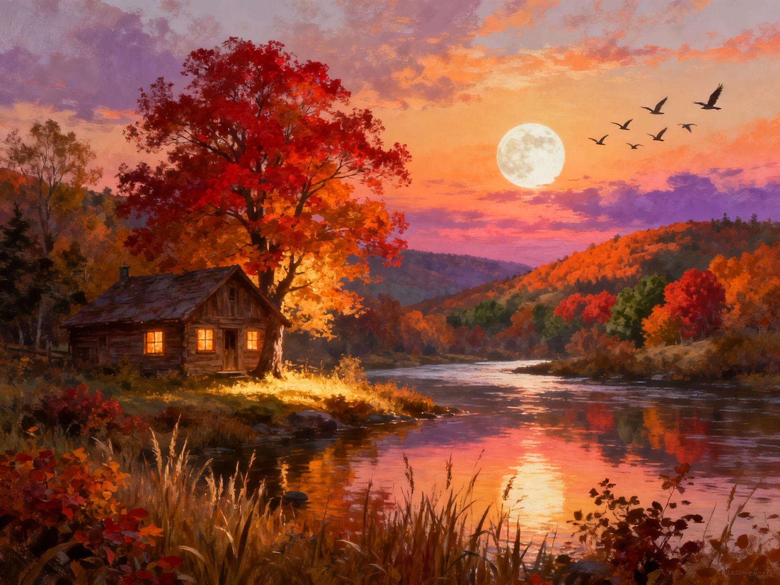 Autumn Sunset Cabin Serenity with Glowing Windows