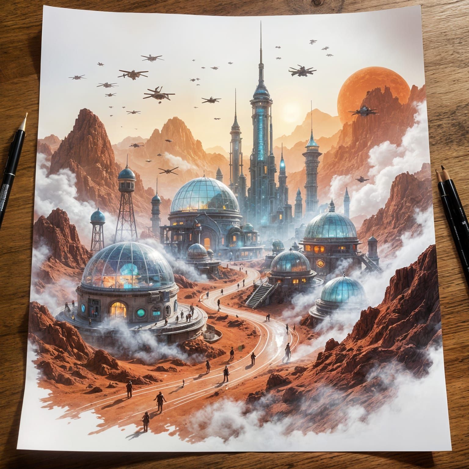 Emerging Martian Colony Rises from a Drawn Sketch