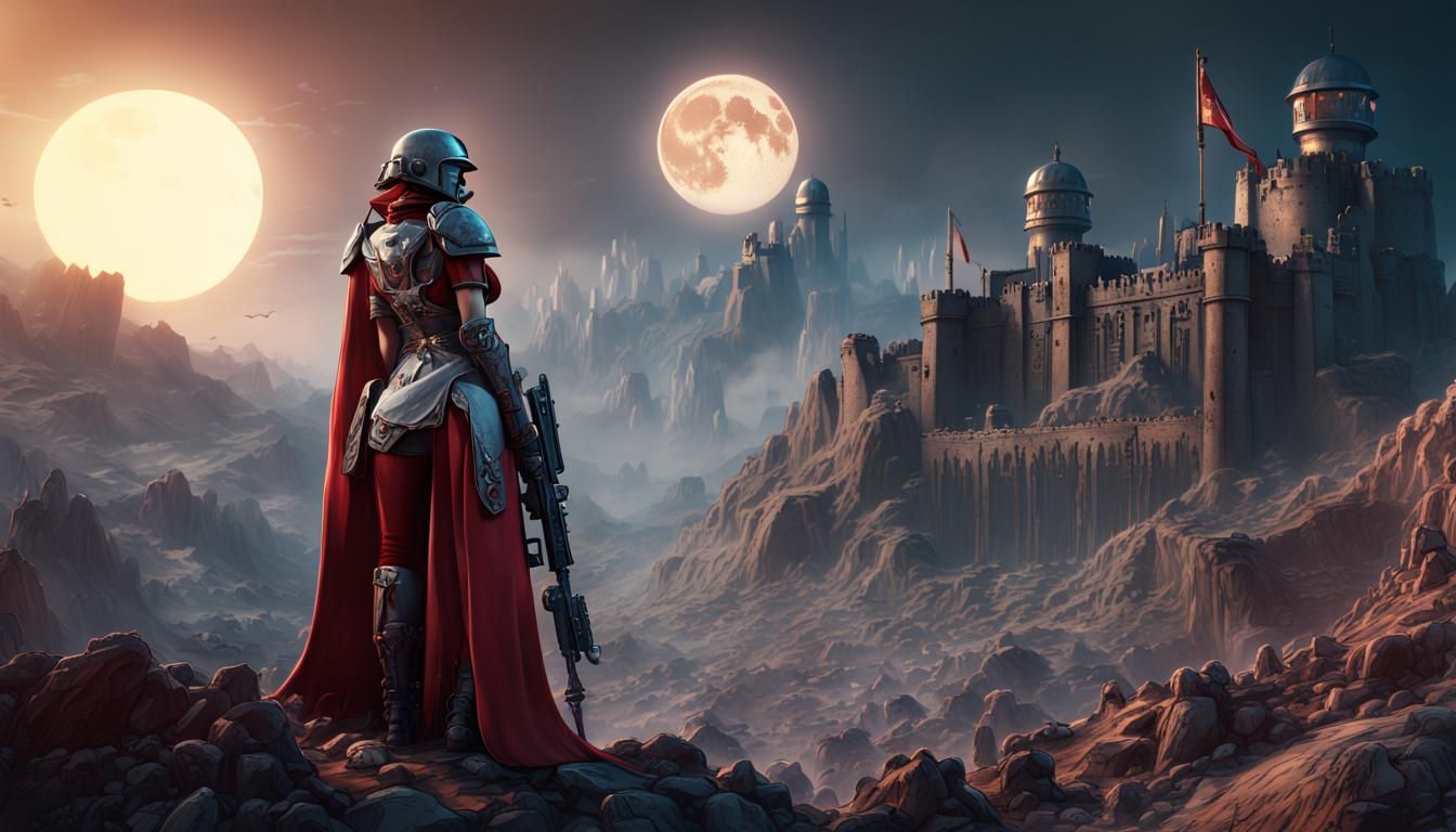 Female Soldier on Hill of Skulls, Detailed Matte Painting