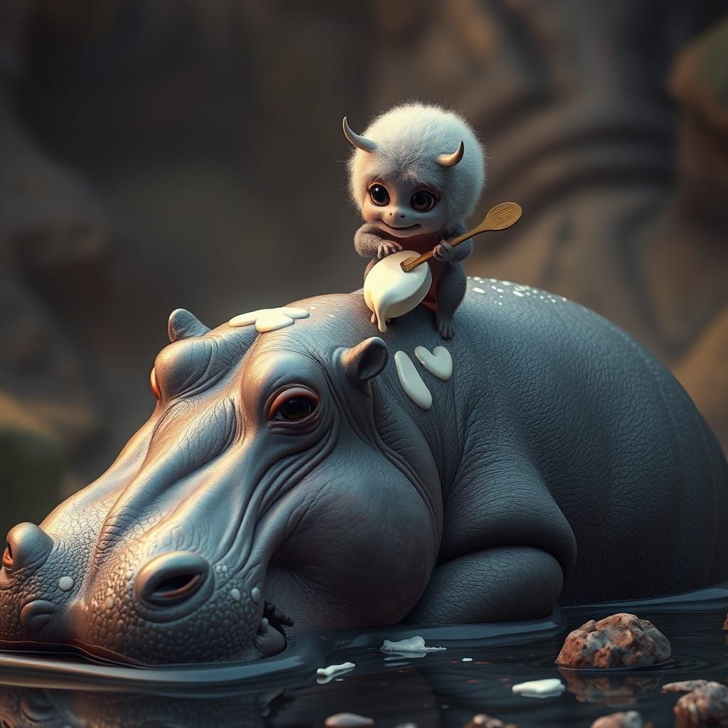 Enchanting Hippopotamus Cleaning Scene in Hyperrealistic Fan...