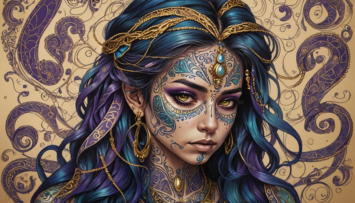 Paisley Tattooed Woman: Surreal Digital Illustration
