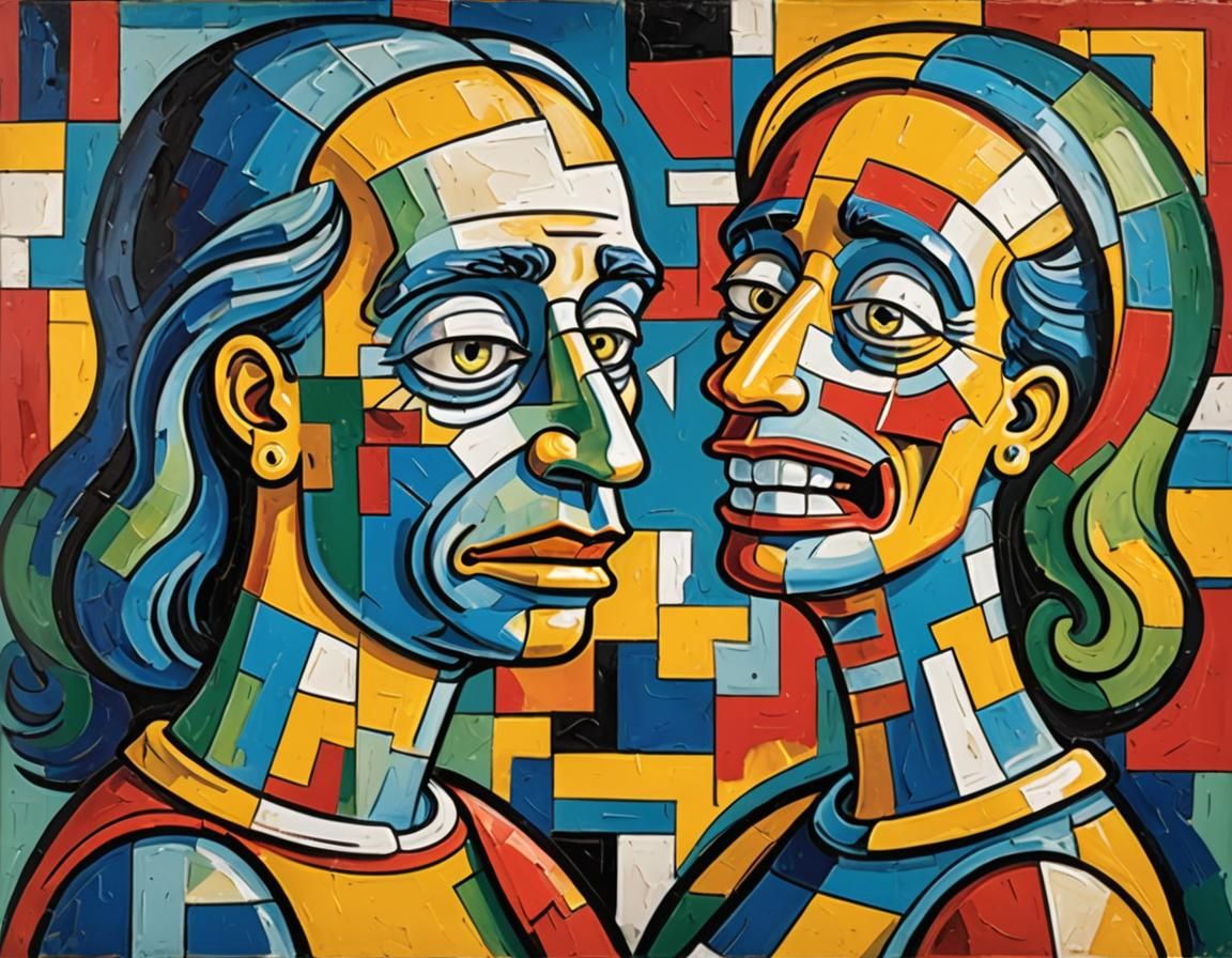 Homer and Marge Simpson Kissing in Cubist Style