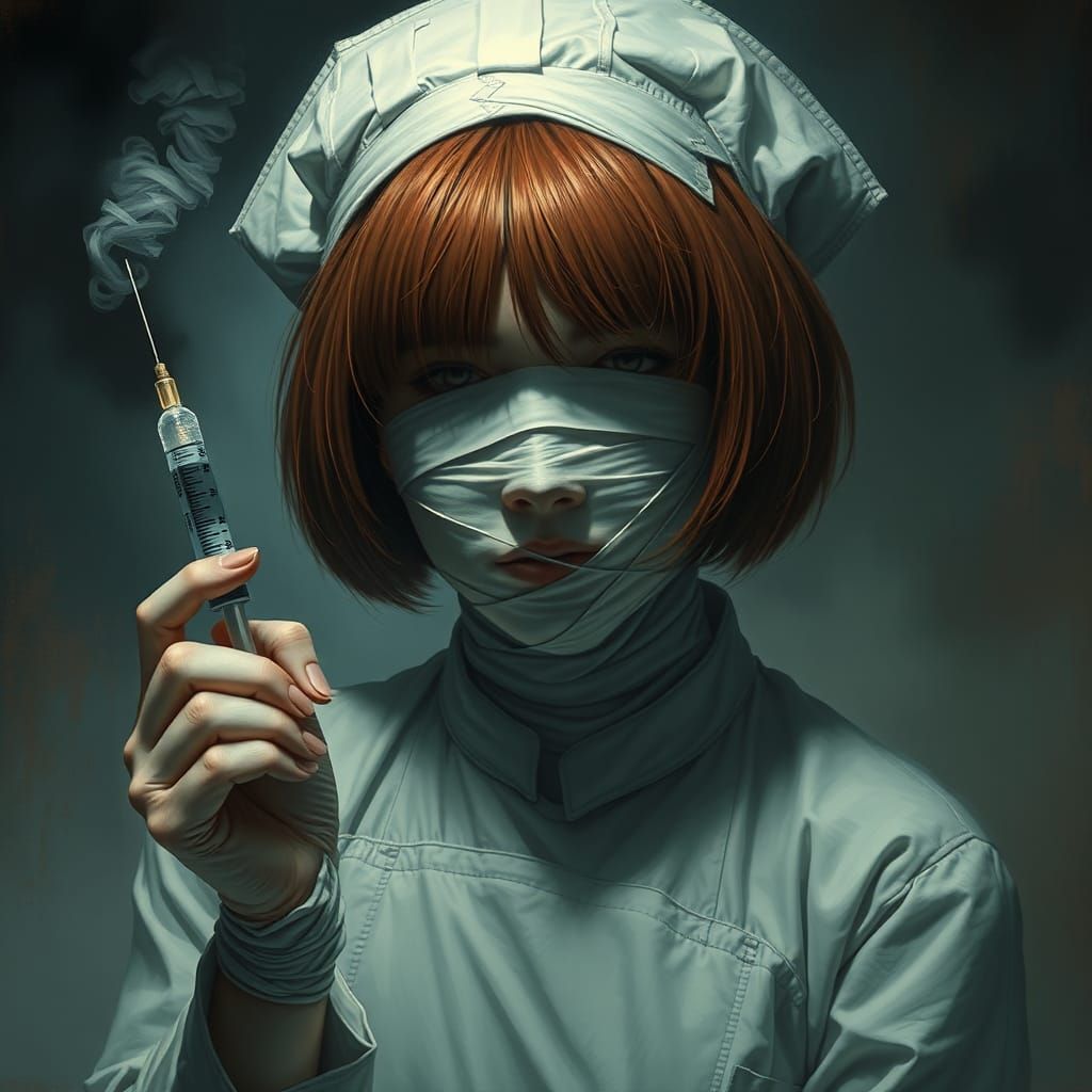 Ethereal Bandaged Nurse Holding Syringe, Dark Fantasy