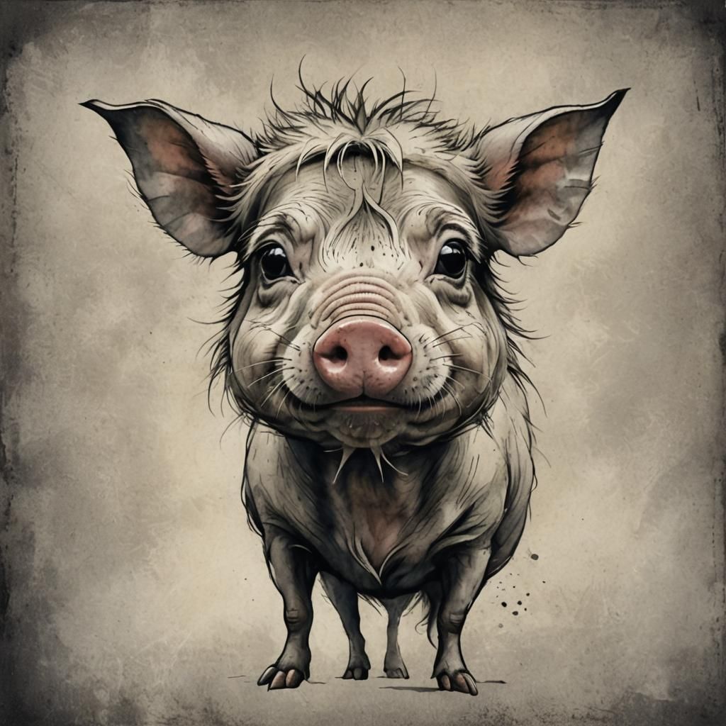 Disgruntled Pig Caricature in Childlike Drawing Style