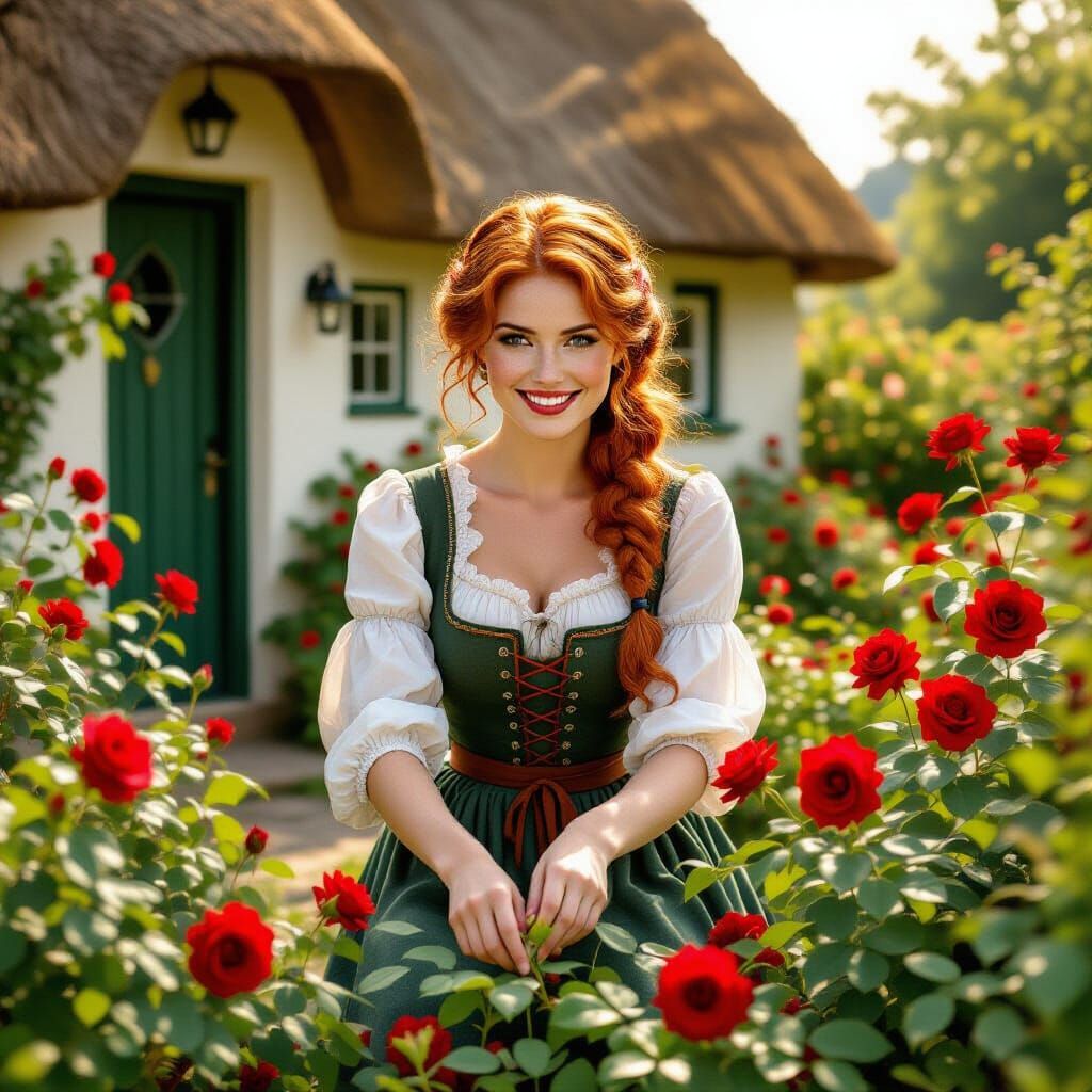Irish Woman Tends Roses in Romantic Garden Scene