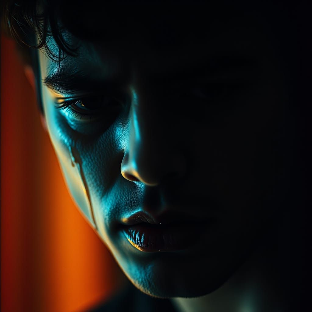 Tear-Stained Face in Cinematic Lighting