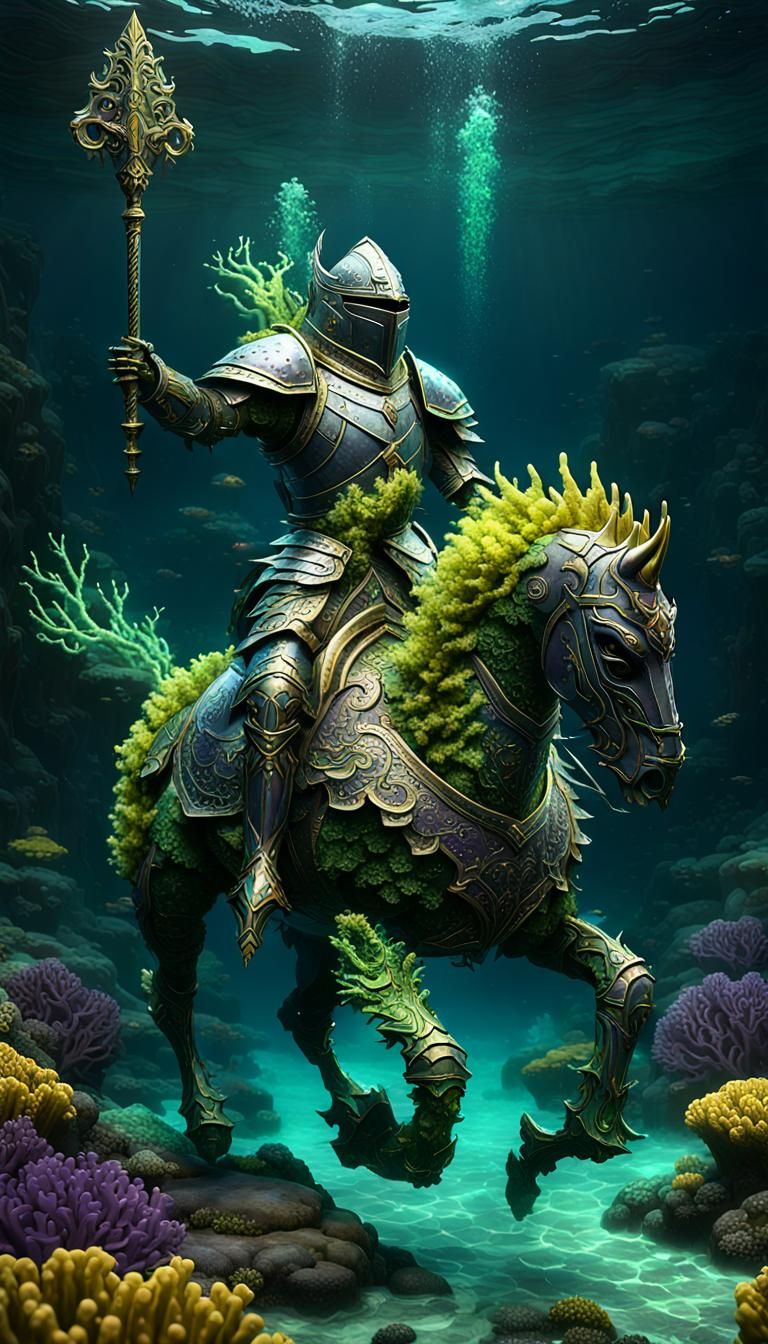 Coral Armored Horse Prancing in Deep Water