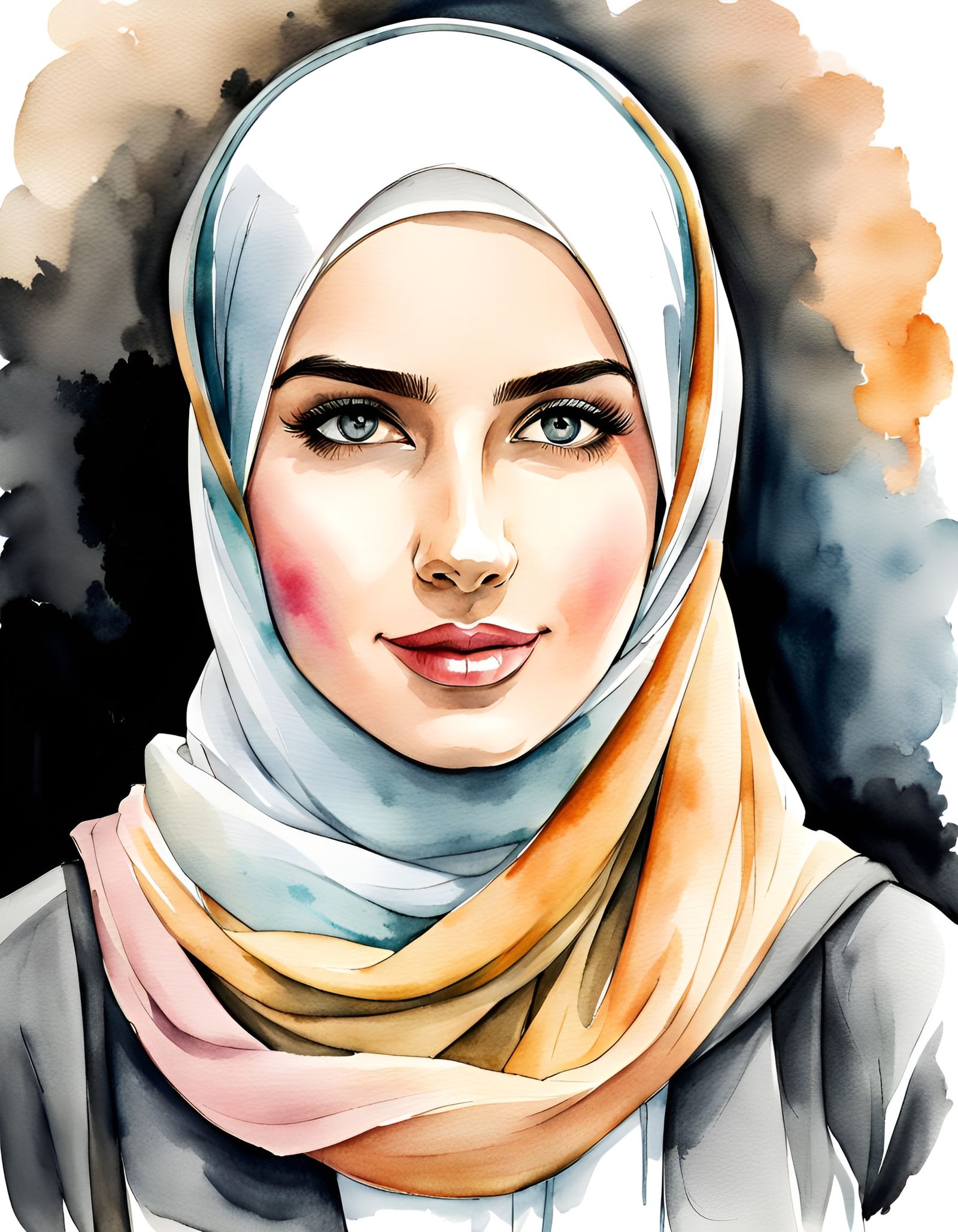 Beautiful Young Woman in Hijab: Watercolor Art