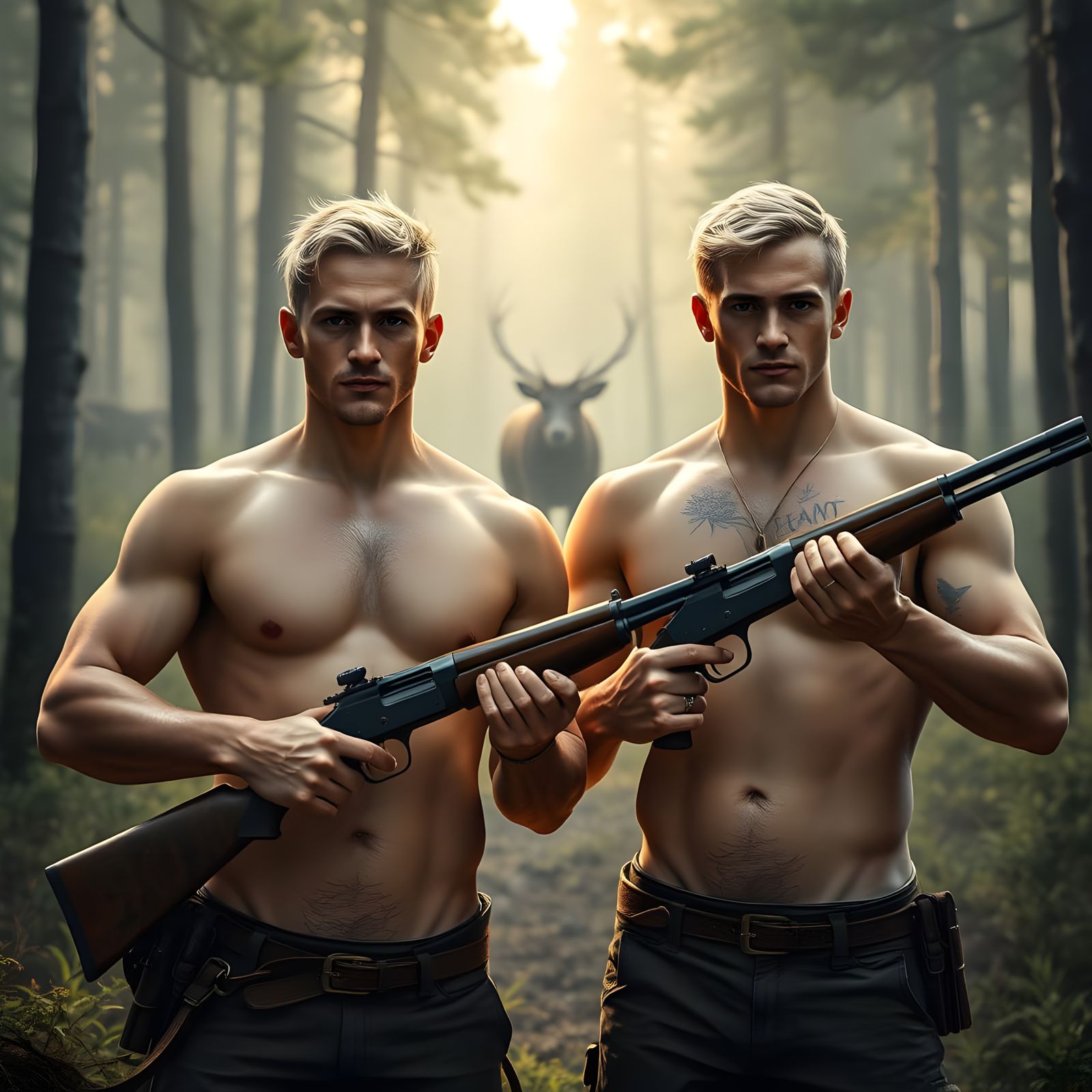 Muscled Hunters Stand Ready in a Forest Clearing