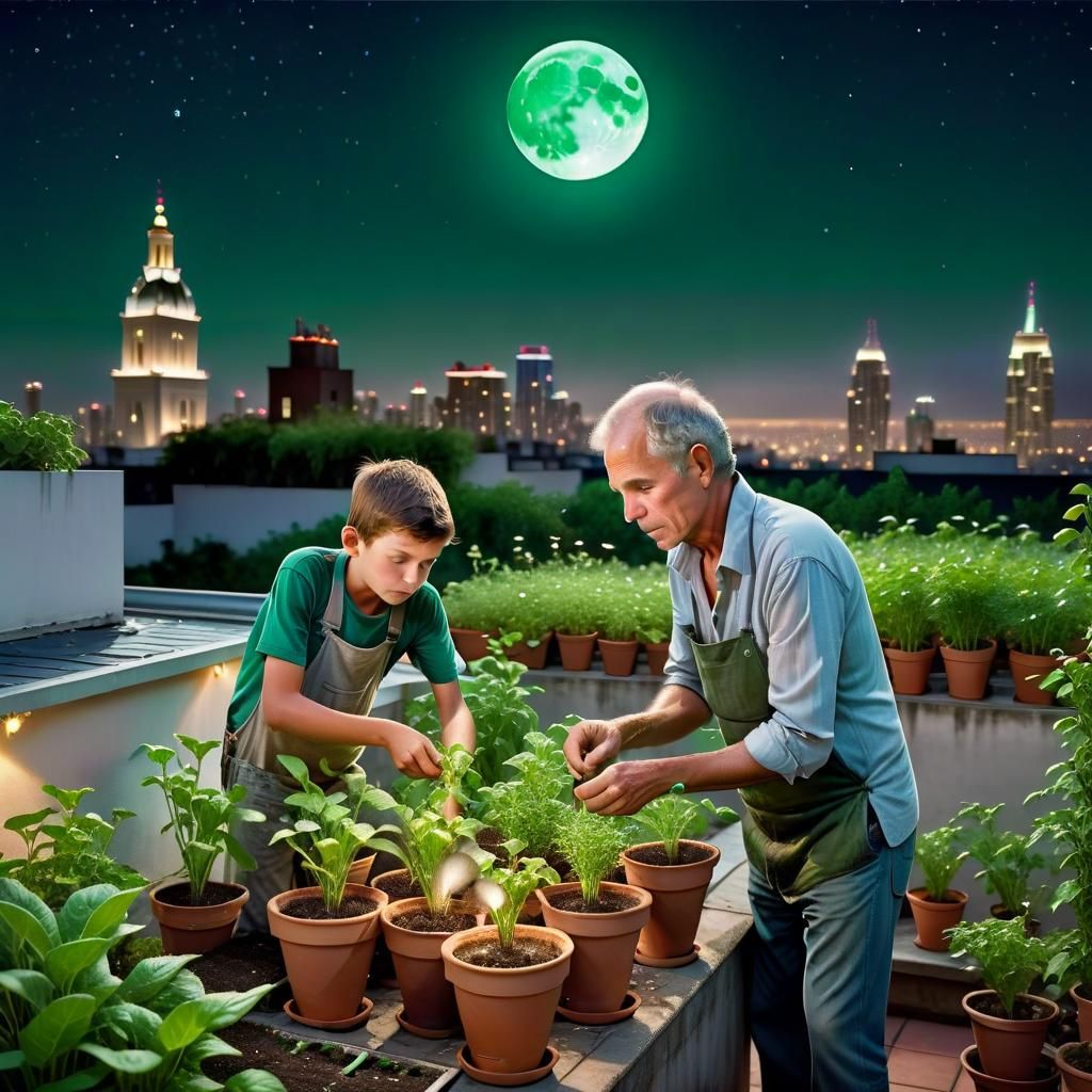 Utopian Rooftop Garden at Night: Father and Son