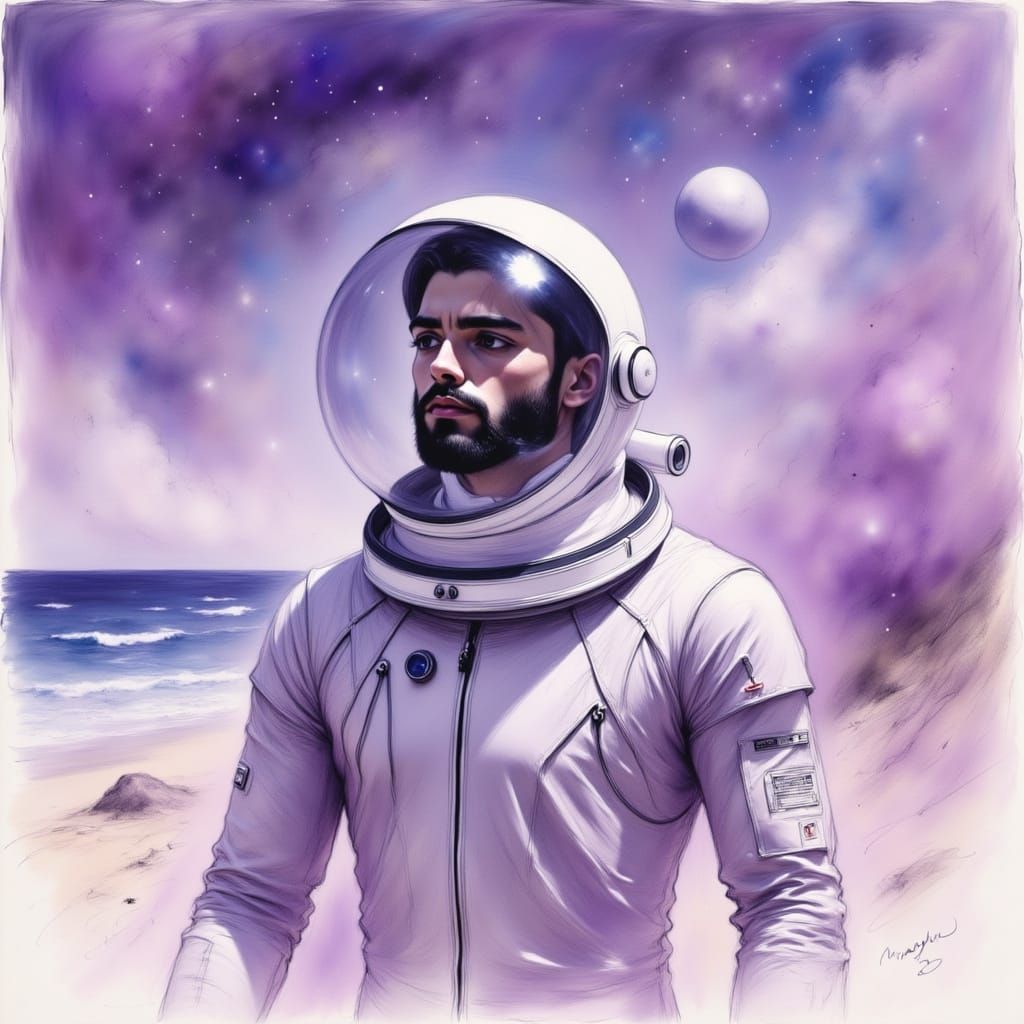 Handsome Man in Alien Spacesuit on Purple Beach Landscape