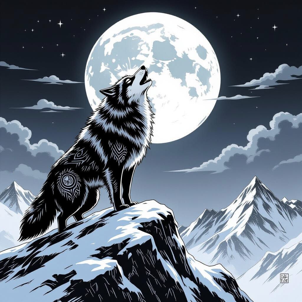 Lone Wolf Howling at Moon in Manga Style