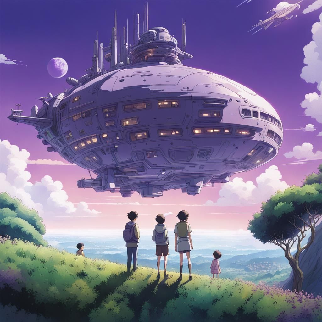 Spaceship on Purple Planet in Anime Style