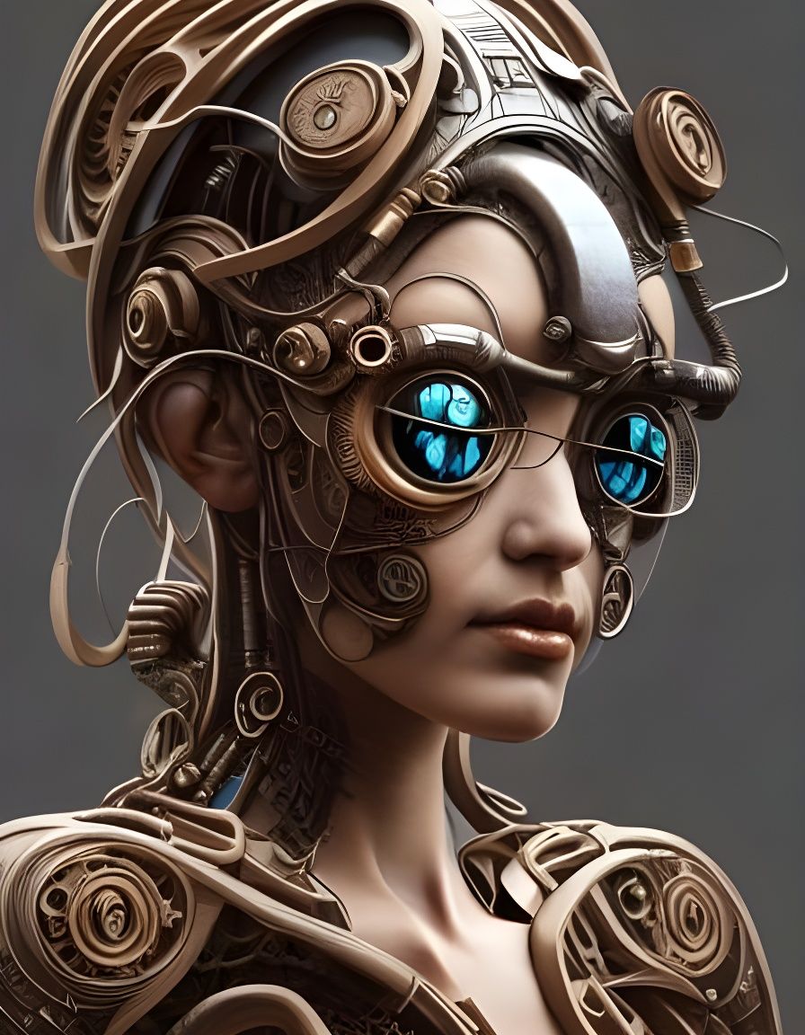 Steampunk Cyborg Goddess in Japanese Wood Carving Style