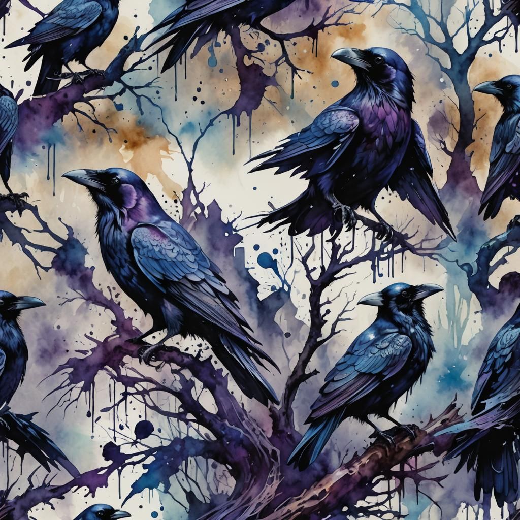 Detailed Watercolor Raven in Gothic Horror Style
