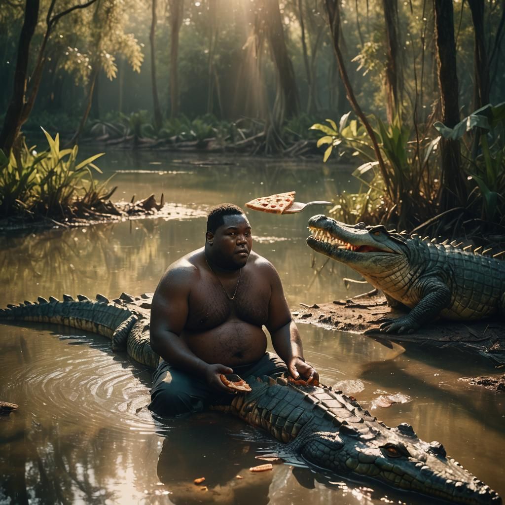 Man Feeds Pizza to Crocodile in Murky Swamp