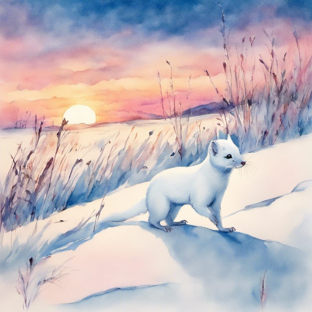 white weasel on the snow