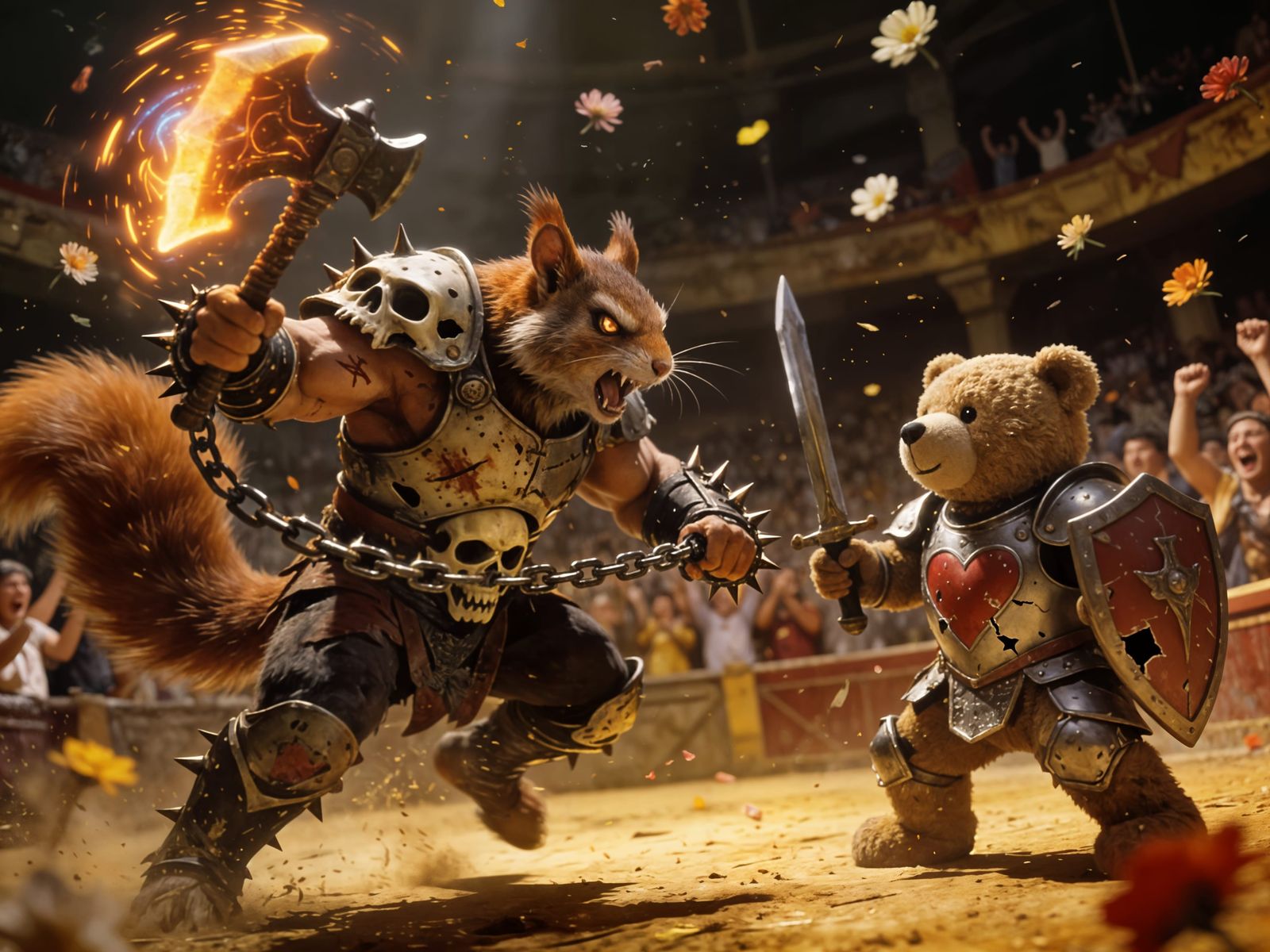 Sinister Squirrel Warrior Battles Teddy Bear Knight