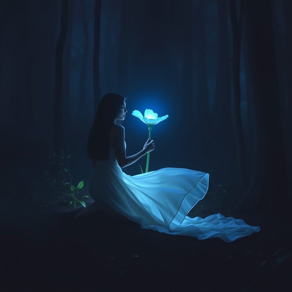 Woman and Glowing Flower in Neon Cyberpunk Forest