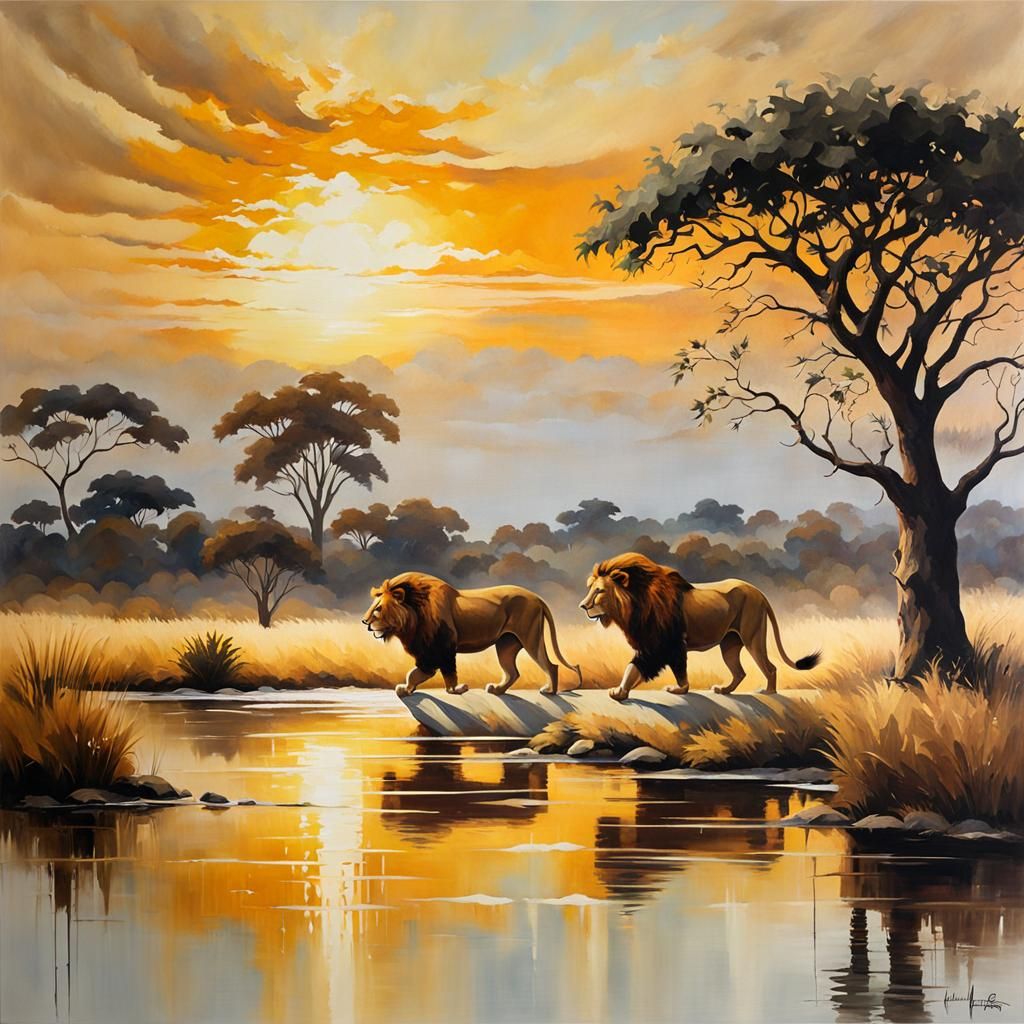 African Savannah Lions in Modern Acrylic Art