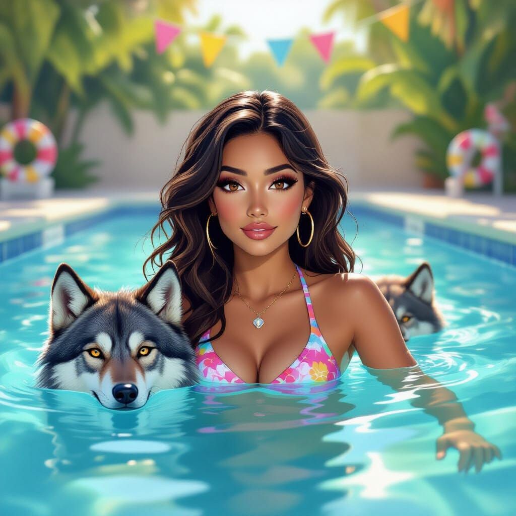 Woman and Wolf in Candyland Pool Digital Art