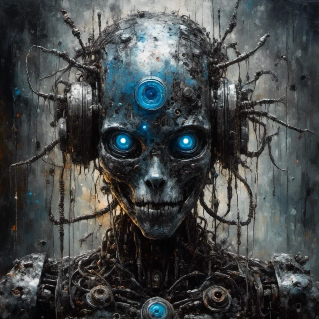Dystopian Robot with Blue Eye, Oil Painting Style