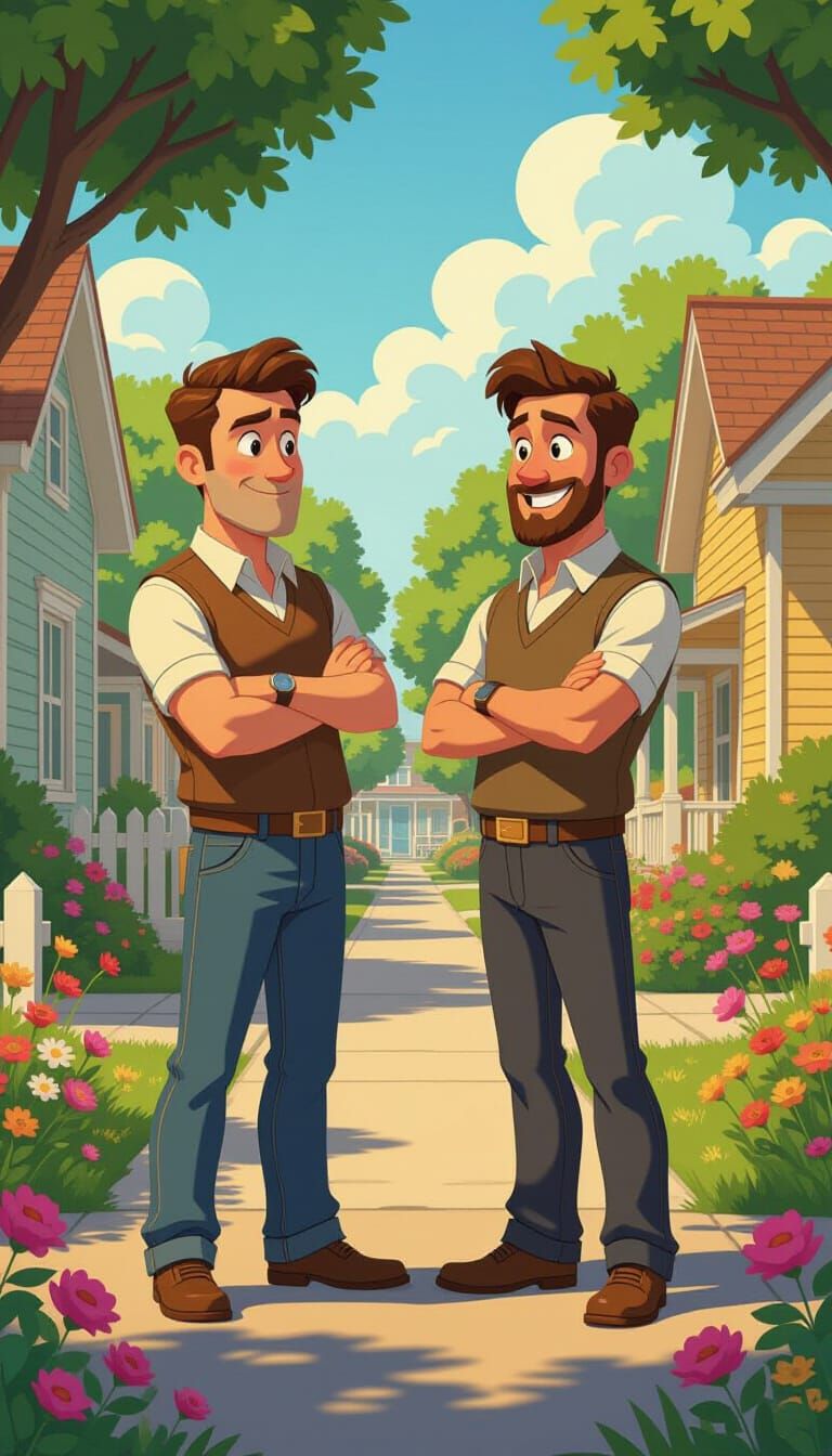 Cartoon Neighbors in a Peaceful Suburban Scene