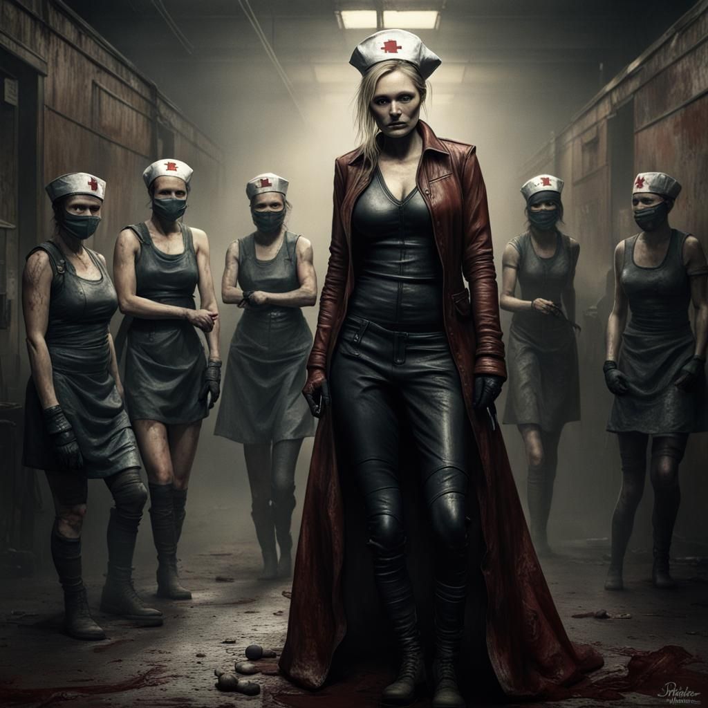 Valentina Shevchenko and Silent Hill Nurses in Horror Style