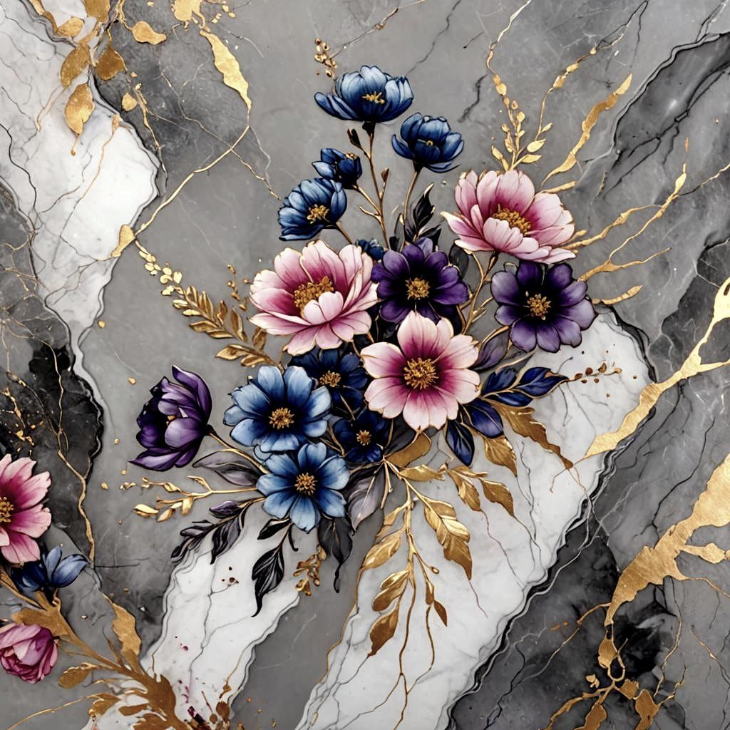 Floral Art Still Life on Marble with Golden Streaks