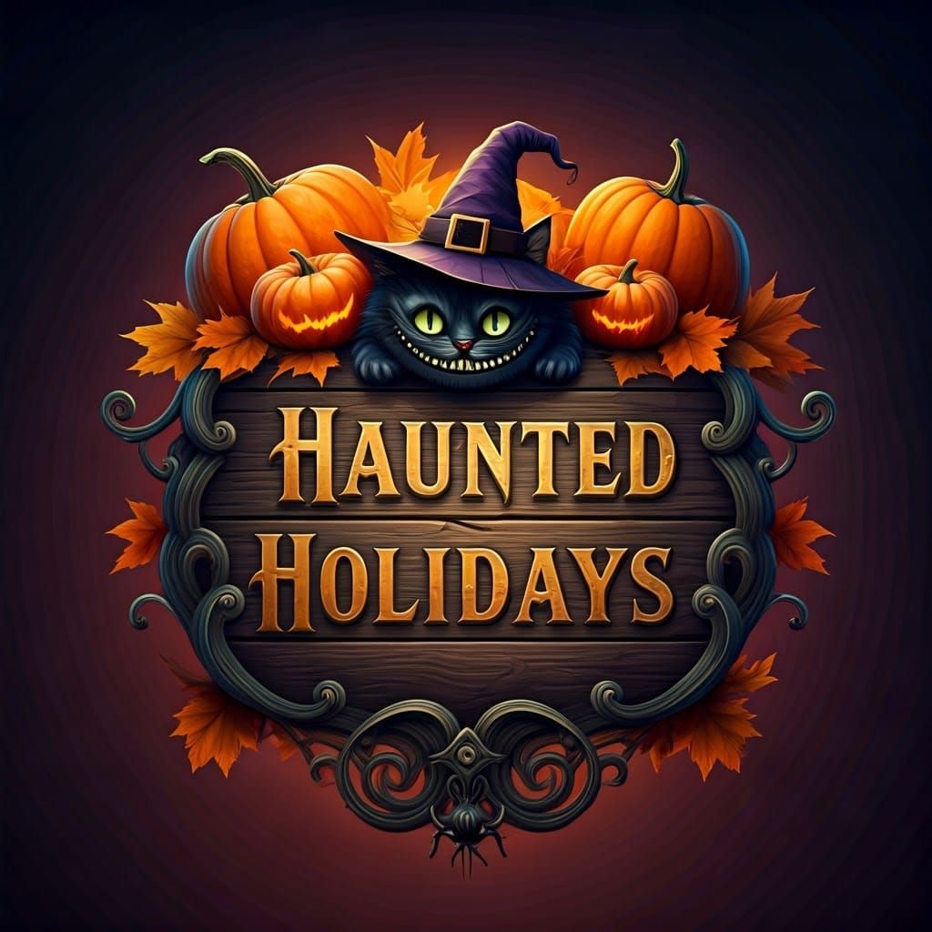 Intricate Halloween Sign with Black Cat in Digital Painting