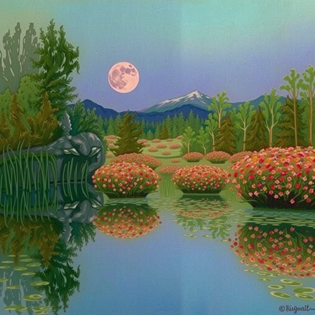 Serene Woman Gazing at the Rising Moon in a Vibrant Impressi...