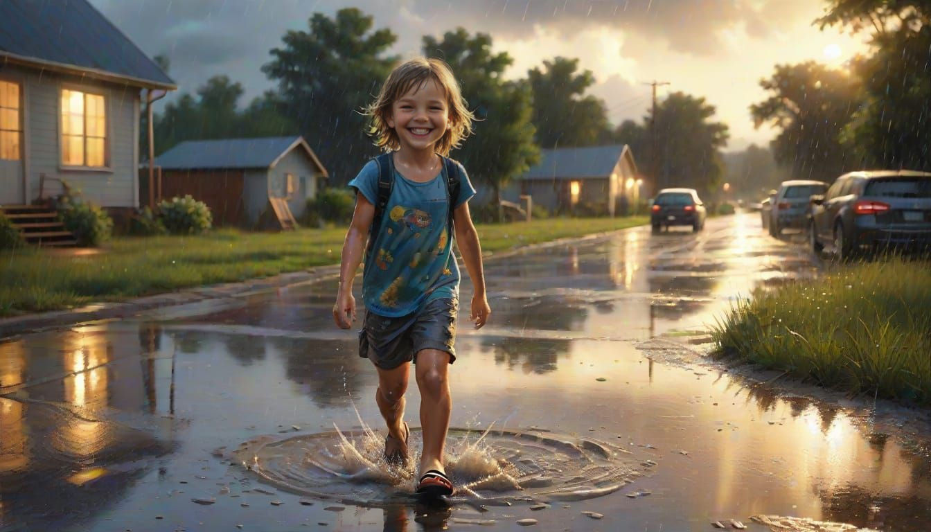 Child Splashing in Summer Rain: Photorealistic Image