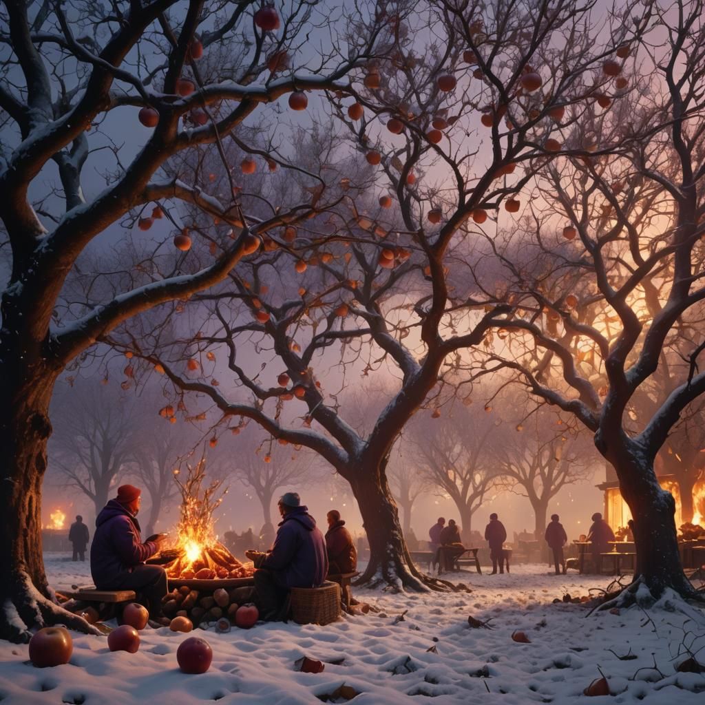 Shining Apple Trees in Winter Rainy Season