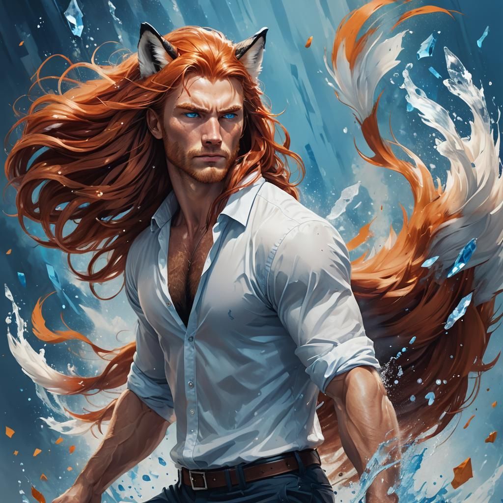 Athletic Fox-Man with Flowing Red Hair in Splash Art