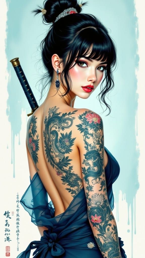 Japanese Warrior Goddess, Bold Ink and Refined Textures in M...