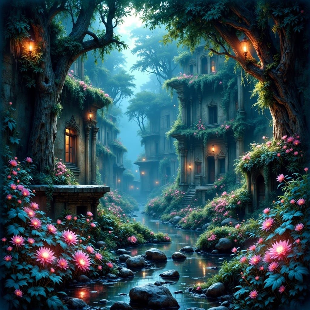 Bioluminescent Jungle with Fantastical Creatures and Ruins