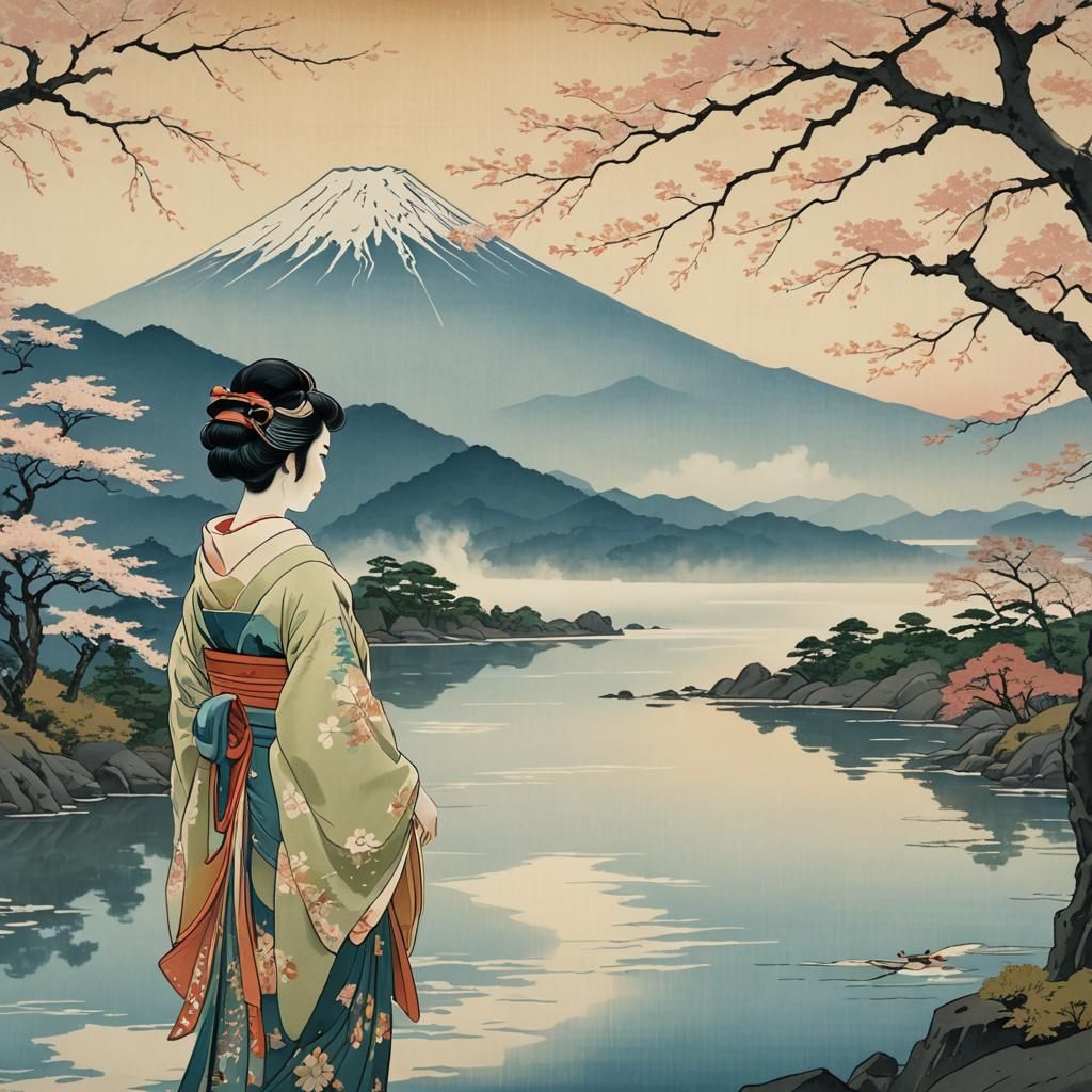 Serene Geisha in Dreamy Ukiyo-e Landscape