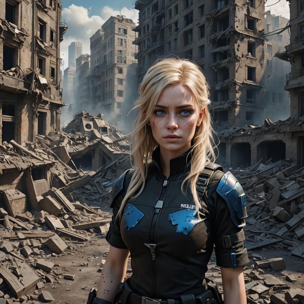 Ultrarealistic Girl Contemplates War in Ruined City