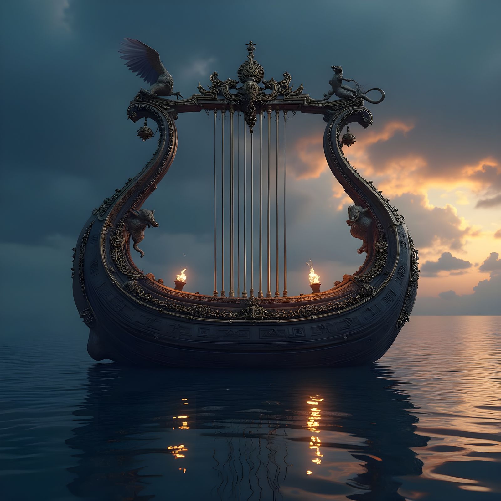 Fantastical Lyre Ship in Vibrant Colors