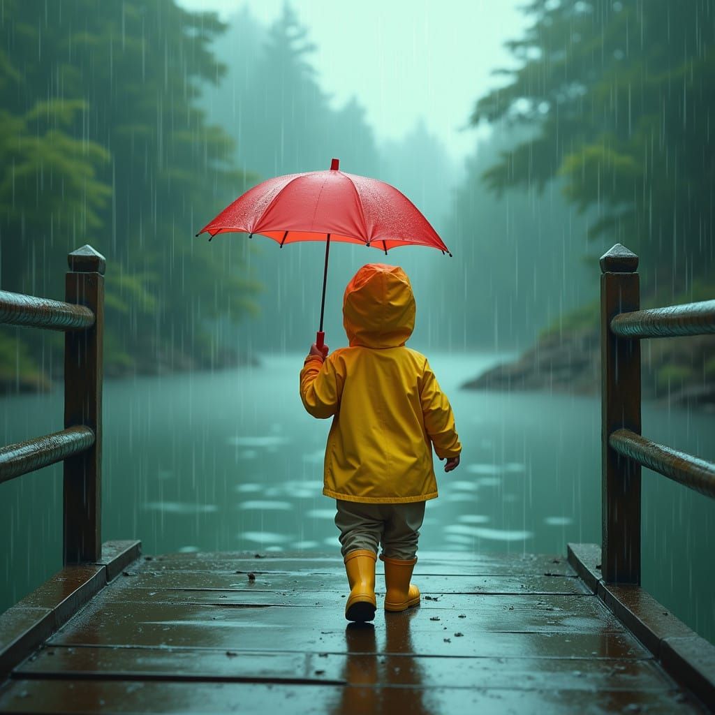 Charming Child Walks on Bridge in the Rainy Emerald Mist
