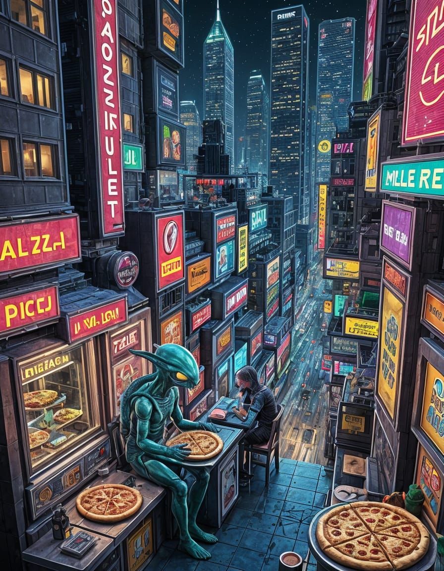 Alien Eats Pizza in Retro Pixel Art City