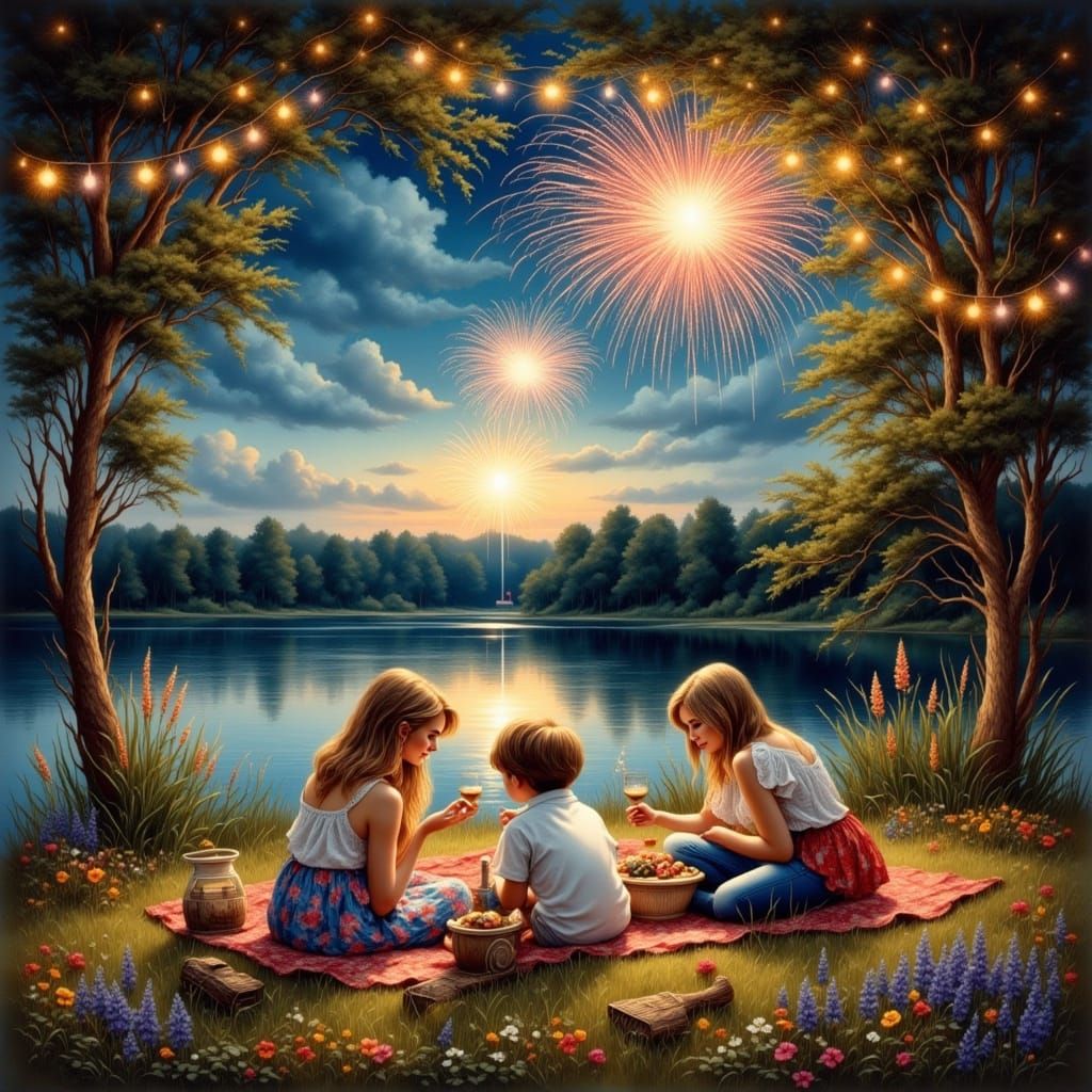Family Picnic Under Fireworks: Americana Watercolor