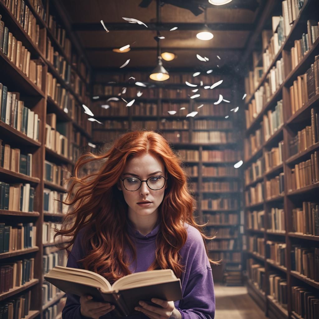 Redhead Reads in Magic Library: Cinematic Portrait
