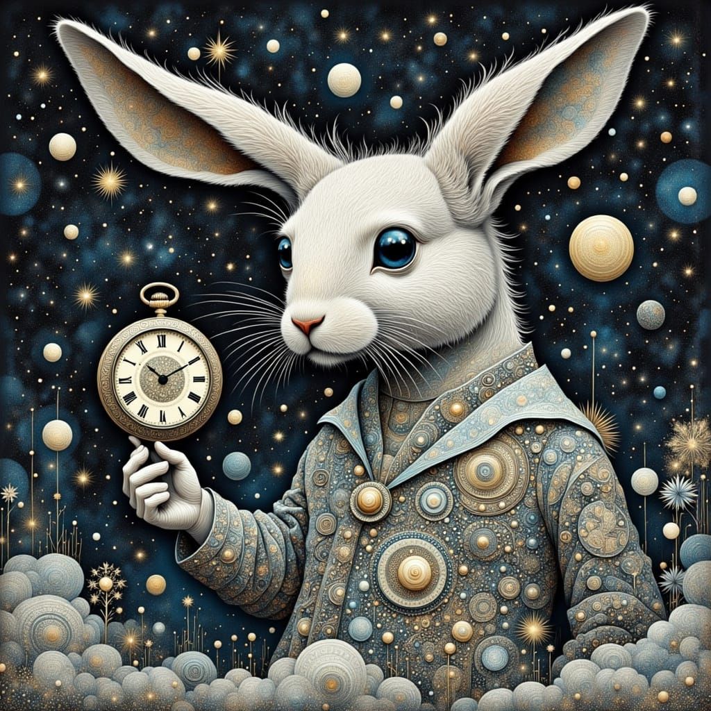 The white rabbit holding an ornate pocket watch