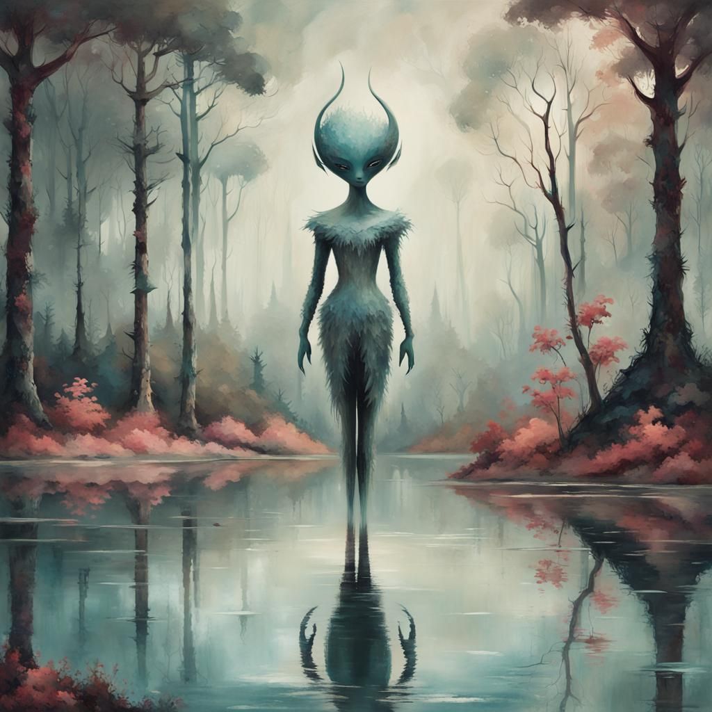 Surreal Forest Scene with Alien in Canvas Art Style